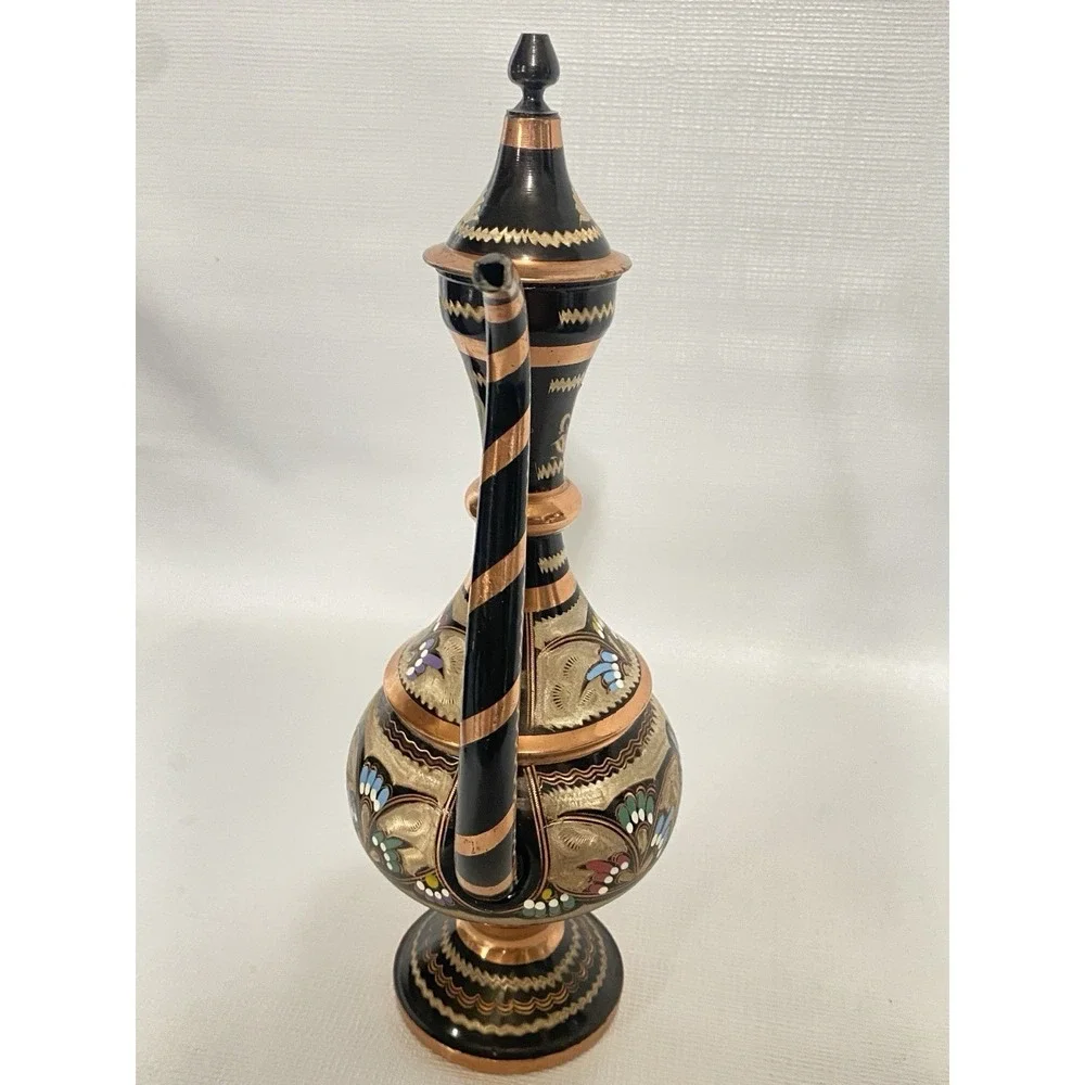 Vintage Ibrik Copper Ewer Pitcher Hand Painted Floral‎ Gold Coffee Tea